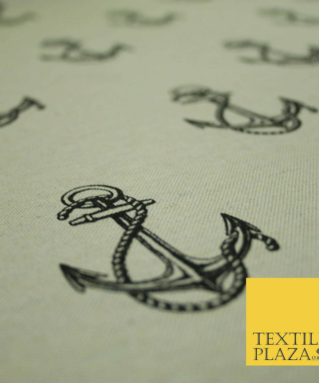 Natural Beige Black Classic Rope Anchor Printed Cotton Mix Canvas Fabric 56"4123