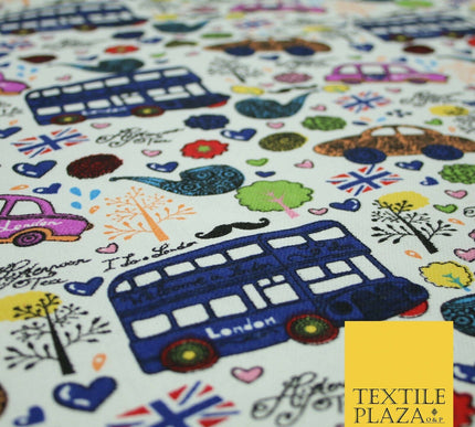 White LONDON Theme Bus Taxi Union Jack Printed Cotton Canvas Fabric 58" 4135