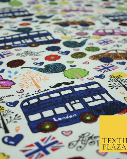 White LONDON Theme Bus Taxi Union Jack Printed Cotton Canvas Fabric 58" 4135