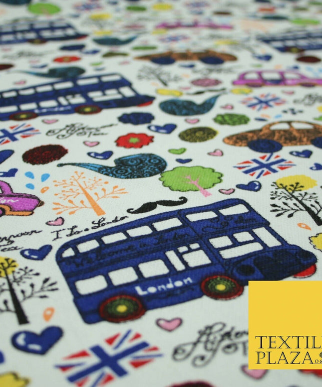 White LONDON Theme Bus Taxi Union Jack Printed Cotton Canvas Fabric 58" 4135