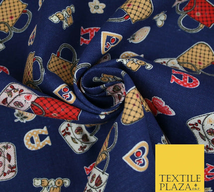 Navy Blue Handbag Love Horseshoe Hearts Printed Cotton Canvas Fabric 58" 4134