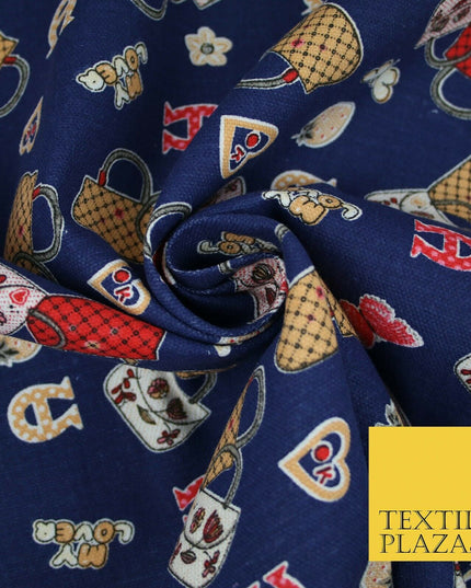 Navy Blue Handbag Love Horseshoe Hearts Printed Cotton Canvas Fabric 58" 4134