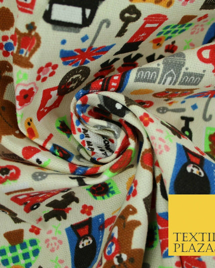 Cream LONDON Taxi Union Jack Stamp Novelty Printed Cotton Canvas Fabric 59" 4132