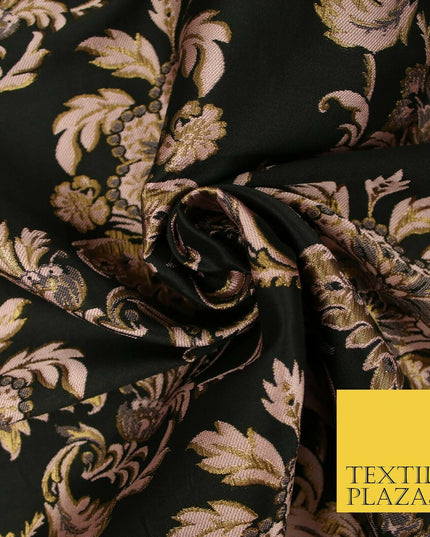 Black / Dusty Pink Ornamental Persian Feather Brocade Jacquard Dress Fabric 4144