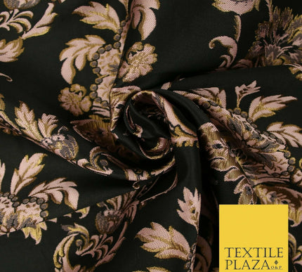 Black / Dusty Pink Ornamental Persian Feather Brocade Jacquard Dress Fabric 4144