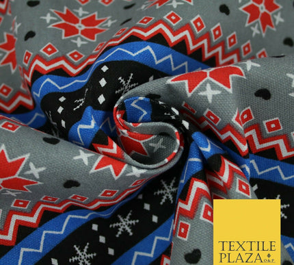 Grey Red Black Wacky Fair Isle Zig Zag Stripe Printed Cotton Canvas Fabric 4133