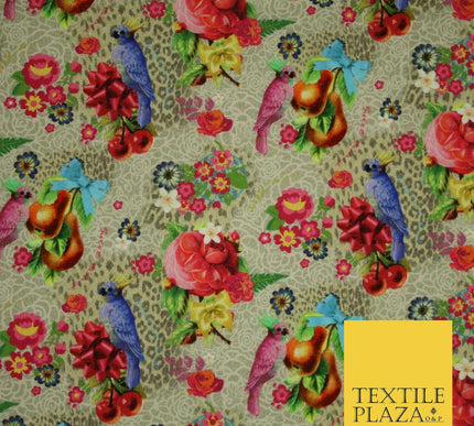 Colourful Floral Rose Parrots Bows Leopard Printed 100% Cotton Canvas Fabric 56"