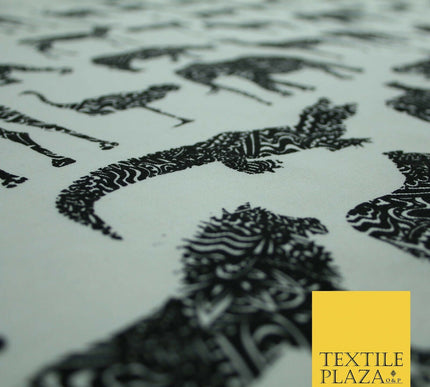 White Black SAFARI ANIMALS Elephant Leopard Tiger Canvas Print Fabric 56" 4122