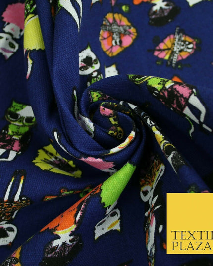 Navy Blue Dressed Up Animals Trendy Cats Printed Cotton Canvas Fabric 59" 4130