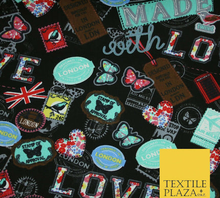 LOVE LONDON Stamp Tag Heart Union Jack Novelty Printed Cotton Canvas Fabric 58"