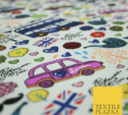 White LONDON Theme Bus Taxi Union Jack Printed Cotton Canvas Fabric 58" 4135