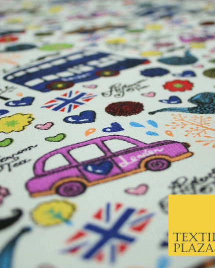 White LONDON Theme Bus Taxi Union Jack Printed Cotton Canvas Fabric 58" 4135