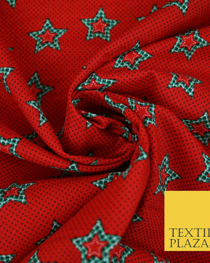 Red Green Patchwork Gingham Check Stars Pin Dot Printed 100% Cotton Fabric 54"