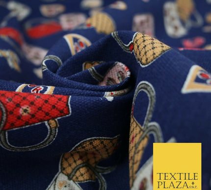 Navy Blue Handbag Love Horseshoe Hearts Printed Cotton Canvas Fabric 58" 4134