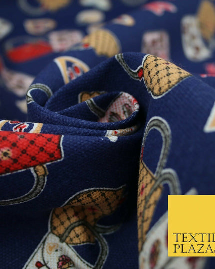 Navy Blue Handbag Love Horseshoe Hearts Printed Cotton Canvas Fabric 58" 4134