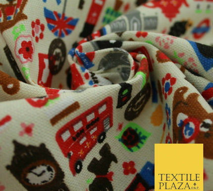 Cream LONDON Taxi Union Jack Stamp Novelty Printed Cotton Canvas Fabric 59" 4132