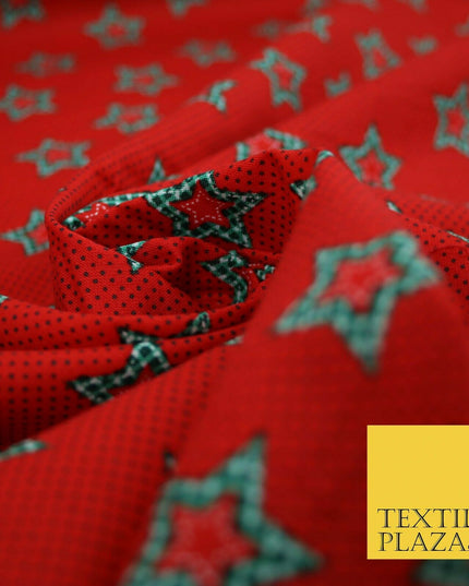Red Green Patchwork Gingham Check Stars Pin Dot Printed 100% Cotton Fabric 54"