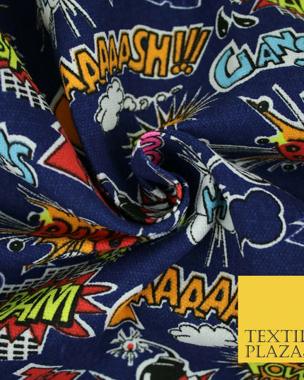 Blue Comic Book Sound Effect OUCH BOOM POW Printed Cotton Canvas Fabric 59" 4131