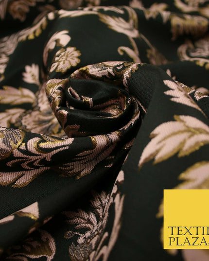 Black / Dusty Pink Ornamental Persian Feather Brocade Jacquard Dress Fabric 4144