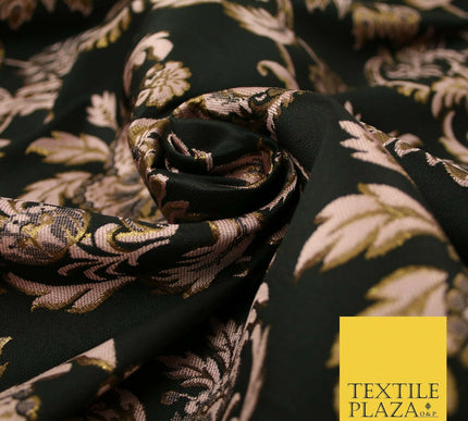 Black / Dusty Pink Ornamental Persian Feather Brocade Jacquard Dress Fabric 4144