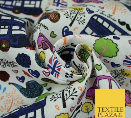 White LONDON Theme Bus Taxi Union Jack Printed Cotton Canvas Fabric 58" 4135