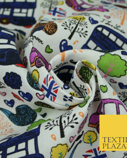 White LONDON Theme Bus Taxi Union Jack Printed Cotton Canvas Fabric 58" 4135