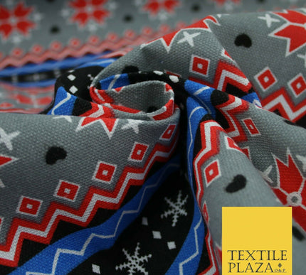 Grey Red Black Wacky Fair Isle Zig Zag Stripe Printed Cotton Canvas Fabric 4133