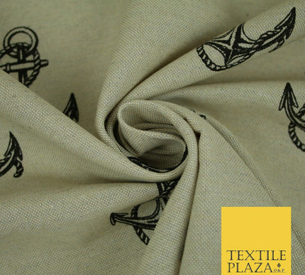 Natural Beige Black Classic Rope Anchor Printed Cotton Mix Canvas Fabric 56"4123