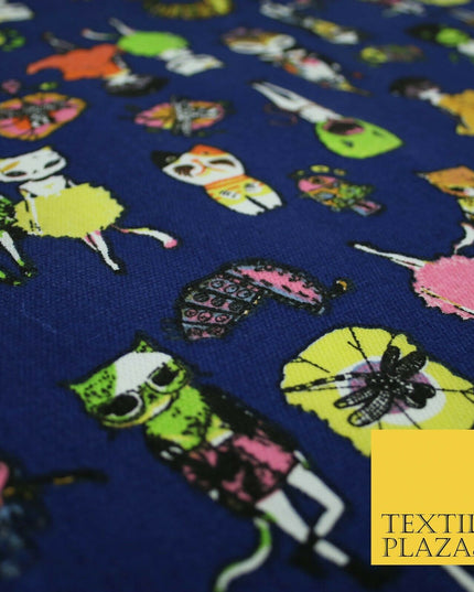 Navy Blue Dressed Up Animals Trendy Cats Printed Cotton Canvas Fabric 59" 4130
