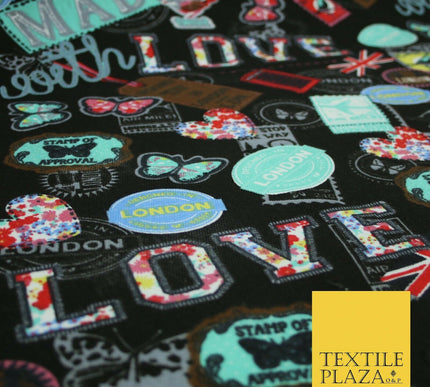 LOVE LONDON Stamp Tag Heart Union Jack Novelty Printed Cotton Canvas Fabric 58"