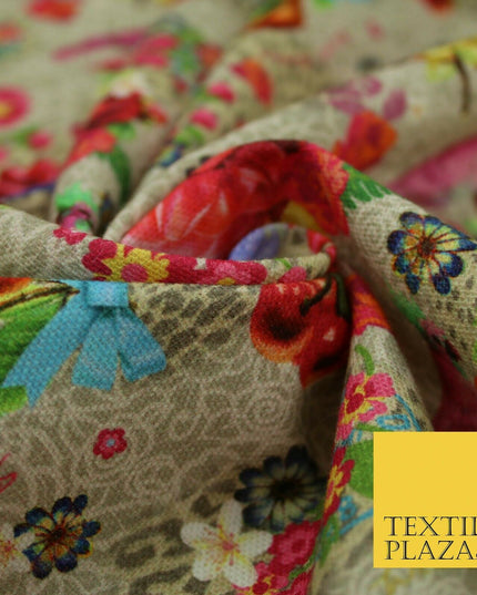 Colourful Floral Rose Parrots Bows Leopard Printed 100% Cotton Canvas Fabric 56"