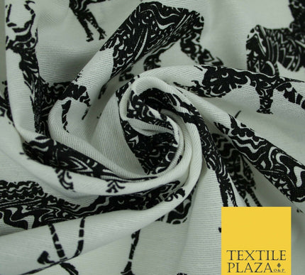 White Black SAFARI ANIMALS Elephant Leopard Tiger Canvas Print Fabric 56" 4122