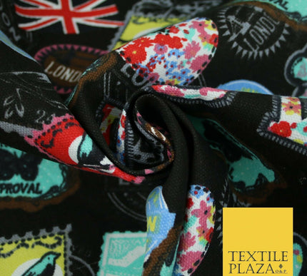 LOVE LONDON Stamp Tag Heart Union Jack Novelty Printed Cotton Canvas Fabric 58"