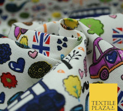 White LONDON Theme Bus Taxi Union Jack Printed Cotton Canvas Fabric 58" 4135