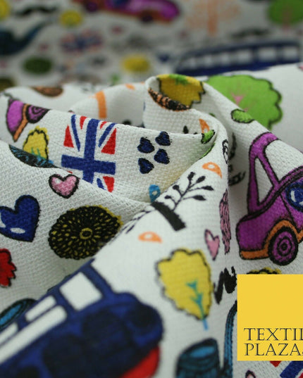 White LONDON Theme Bus Taxi Union Jack Printed Cotton Canvas Fabric 58" 4135