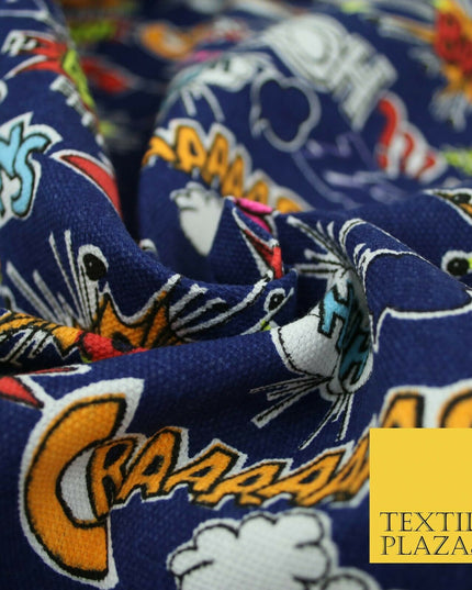 Blue Comic Book Sound Effect OUCH BOOM POW Printed Cotton Canvas Fabric 59" 4131