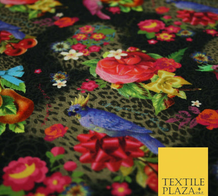 Colourful Floral Rose Parrots Bows Leopard Printed 100% Cotton Canvas Fabric 56"