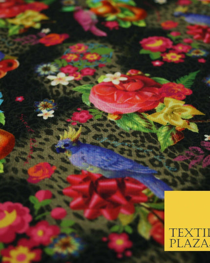 Colourful Floral Rose Parrots Bows Leopard Printed 100% Cotton Canvas Fabric 56"