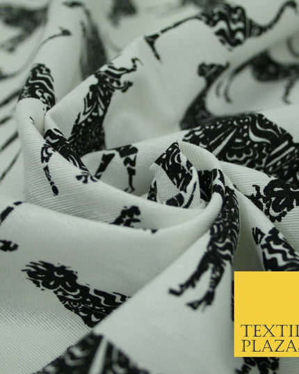 White Black SAFARI ANIMALS Elephant Leopard Tiger Canvas Print Fabric 56" 4122