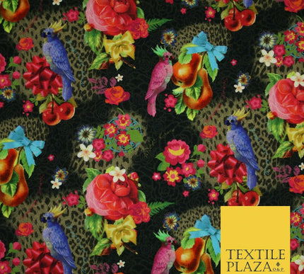 Colourful Floral Rose Parrots Bows Leopard Printed 100% Cotton Canvas Fabric 56"