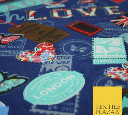 LOVE LONDON Stamp Tag Heart Union Jack Novelty Printed Cotton Canvas Fabric 58"