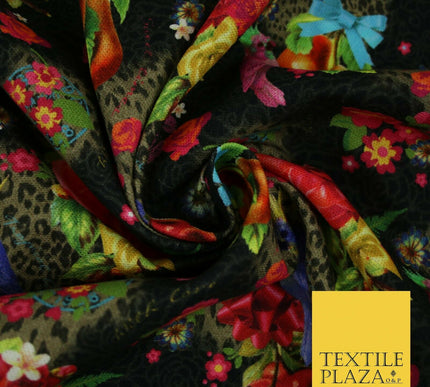 Colourful Floral Rose Parrots Bows Leopard Printed 100% Cotton Canvas Fabric 56"