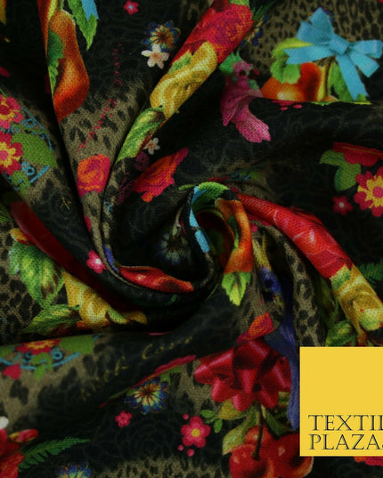 Colourful Floral Rose Parrots Bows Leopard Printed 100% Cotton Canvas Fabric 56"