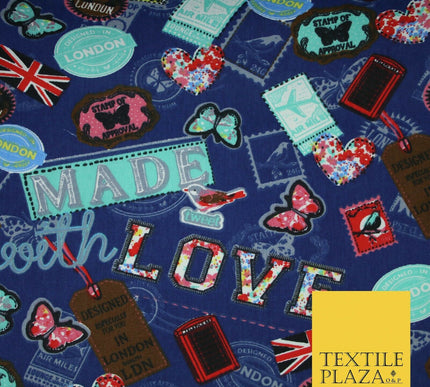 LOVE LONDON Stamp Tag Heart Union Jack Novelty Printed Cotton Canvas Fabric 58"