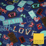 LOVE LONDON Stamp Tag Heart Union Jack Novelty Printed Cotton Canvas Fabric 58"