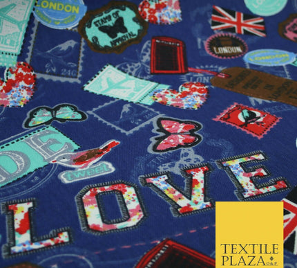 LOVE LONDON Stamp Tag Heart Union Jack Novelty Printed Cotton Canvas Fabric 58"