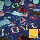 LOVE LONDON Stamp Tag Heart Union Jack Novelty Printed Cotton Canvas Fabric 58"