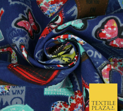 LOVE LONDON Stamp Tag Heart Union Jack Novelty Printed Cotton Canvas Fabric 58"