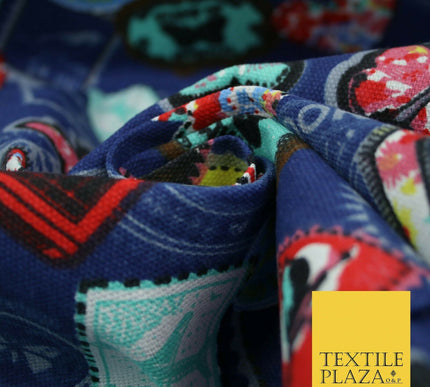 LOVE LONDON Stamp Tag Heart Union Jack Novelty Printed Cotton Canvas Fabric 58"