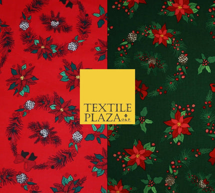 Christmas Wreaths Floral Red Poinsettia Festive Printed 100% Cotton Fabric 54"